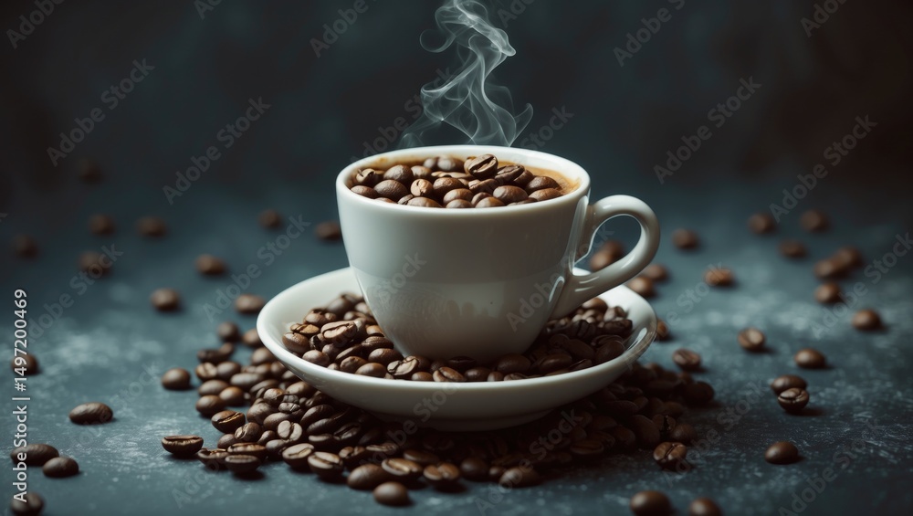 Fototapeta premium Coffee cup with steam and coffee beans, on a saucer, surrounded by scattered coffee beans.