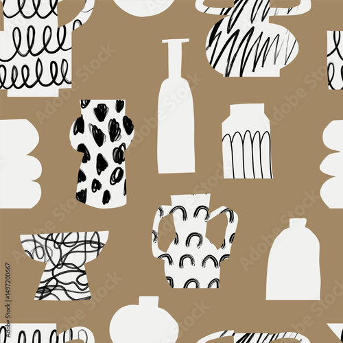 Modern art cutout minimalist design black and white vases with abstract doodle patterns like dots and arches on a beige background in a flat style. Vector seamless pattern
