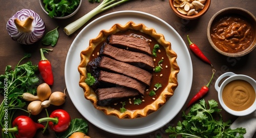 Wallpaper Mural A savory pie filled with sliced beef served with fresh vegetables and sauces, surrounded by ingredients like tomatoes, garlic, and herbs. Torontodigital.ca