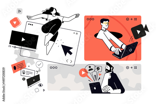 Video and online communication. Set of vector illustrations for web banner, social media banner, business presentation, marketing material. 