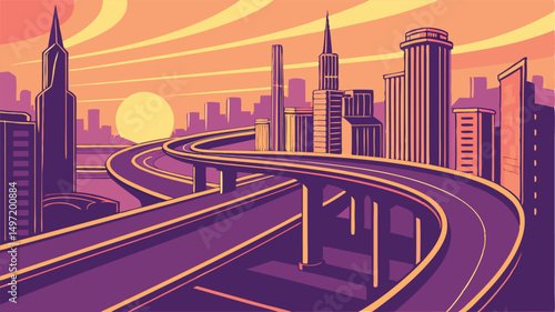 Urban Highway Overpass at Sunset