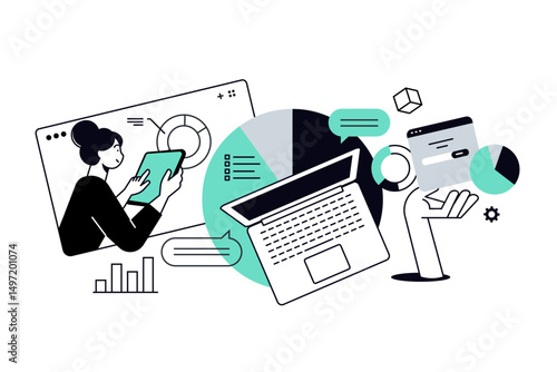 Market research and data analytics. Vector illustration for web banner, social media banner, business presentation, marketing material.