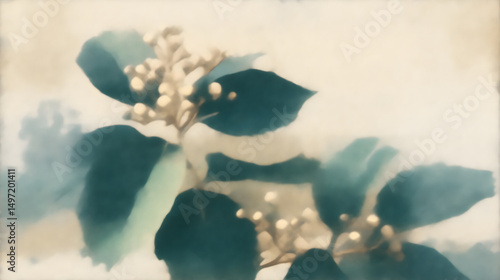 Soft-focus, dreamy abstract image of plant leaves and flower buds with vintage tones and creamy bokeh, evoking nostalgia and serenity.