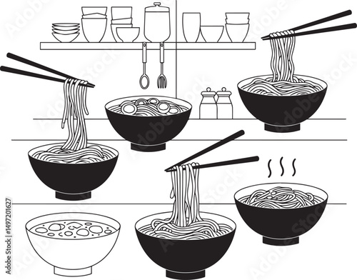 Delicious asian noodle soup bowls chopsticks kitchen setting