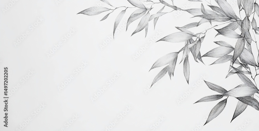 Monochrome pencil sketch of delicate leaves and branches on a white background, perfect for design elements or backgrounds. Monochrome pencil sketch of delicate leaves and branches on a white background, perfect for design elements or backgrounds.