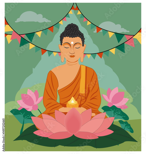 Detailed Happy Buddha Purnima Illustrations with Meditation and Symbolic Setting-03