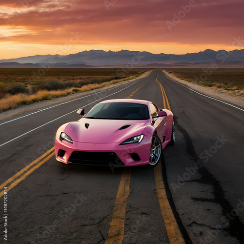 Pink Sports Car on Open Desert Highway, Luxury Pink Vehicle Driving at Sunset, Bold Automotive Design on Road Trip, Fast Car Speeding Through Desert Landscape, Powerful Pink Supercar on Long Road.