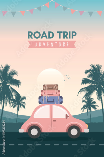 road trip adventure in the wilderness car on tropical landscape vector illustration