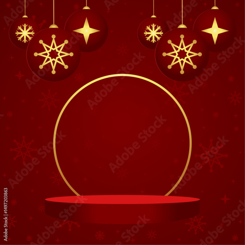 Red Christmas background vector with hanging ornament ball decoration, snowflake pattern, and circular podium stage for holiday celebration, winter festive display design