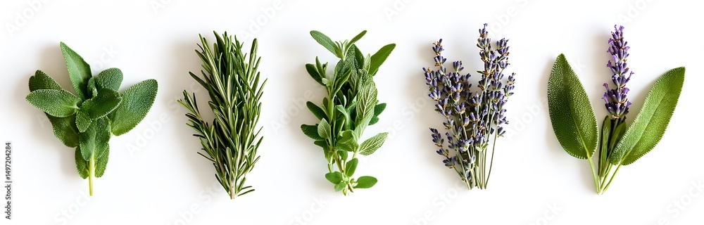 Fototapeta premium Five herbs rosemary, sage, lavender, and thyme arranged in rows on a white background