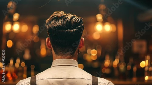 Stylish Bartender in Classic Shirt Showcases Groomed Hairstyle Against Warm Lights in Cozy Bar Atmosphere