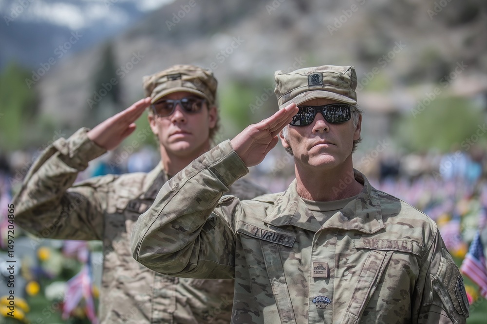 Fototapeta premium Soldiers salute near rows of American flags in a cemetery, as families place flowers on graves beneath a cloudy sky.