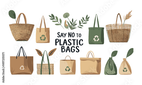 Modern vector illustration of various reusable shopping bags, easily scalable and editable.