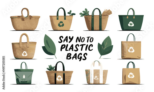 Modern vector illustration of various reusable shopping bags, easily scalable and editable.
