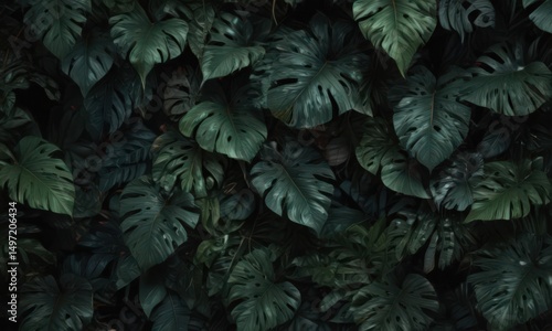 Dark, lush tropical leaves overlap, creating a textured, elegant pattern , vibrant, mystery