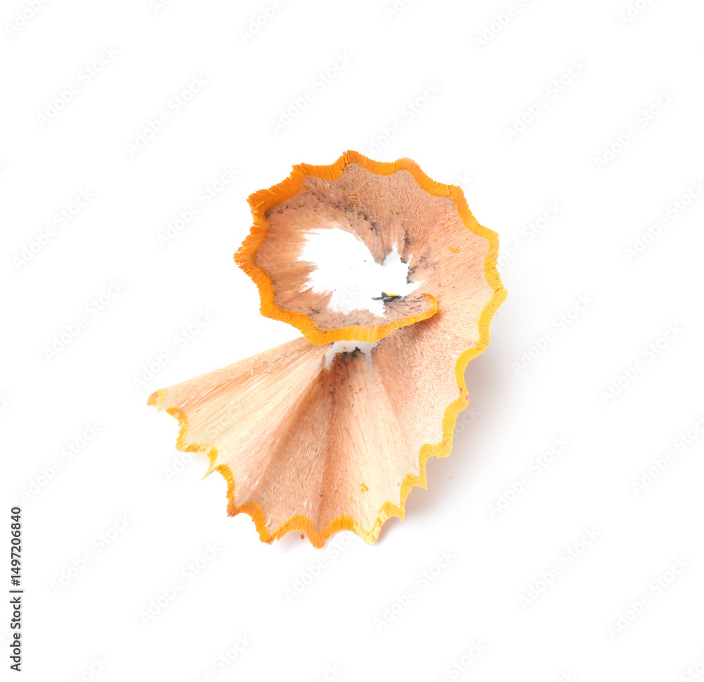 Pencil shaving on white background, above view Pencil shaving on white background, above view