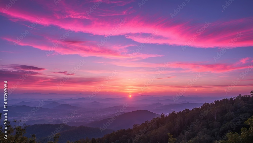 Vibrant sunset over mountain landscape with colorful clouds and horizon glow. scenic view of nature during twilight.