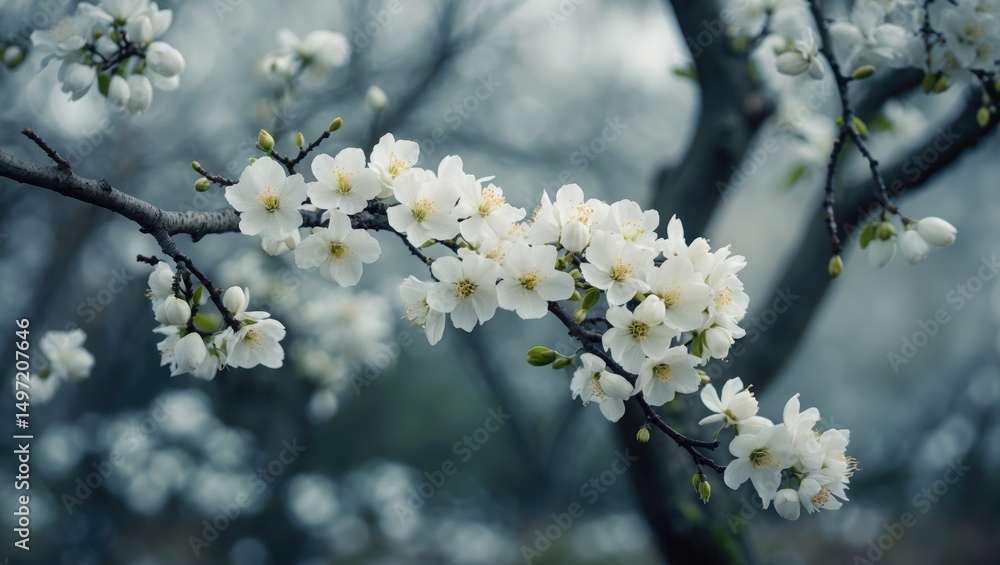 Cherry blossom branches with white flowers on a blurred background. Nature, spring, flowers. Decorative floral elements. The concept of blooming and renewal. Cherry blossom branches with white flowers on a blurred background. Nature, spring, flowers. Decorative floral elements. The concept of blooming and renewal.