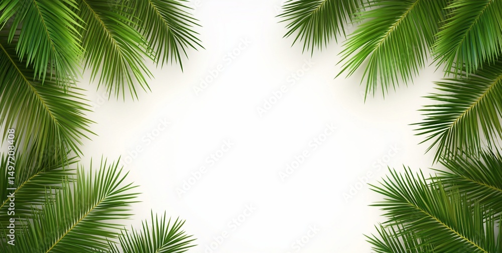Lush green palm leaves frame on white background. Lush green palm leaves frame on white background.