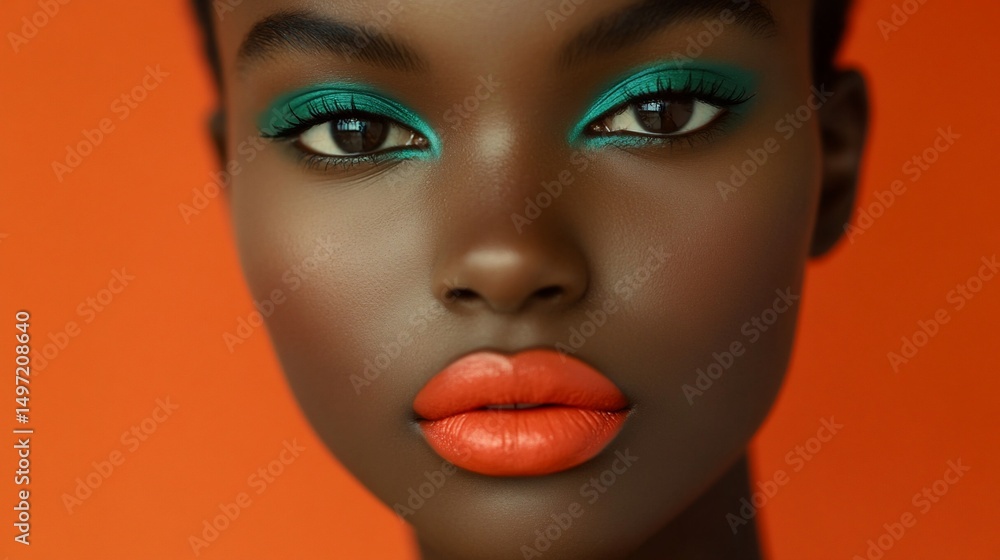 Close-up portrait of a young Black woman with vibrant teal eyeshadow and coral lipstick against a burnt orange background. Close-up portrait of a young Black woman with vibrant teal eyeshadow and coral lipstick against a burnt orange background.