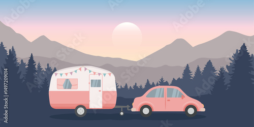 camping adventure car with caravan in nature landscape vector illustration