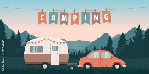 camping adventure car with caravan in nature landscape vector illustration