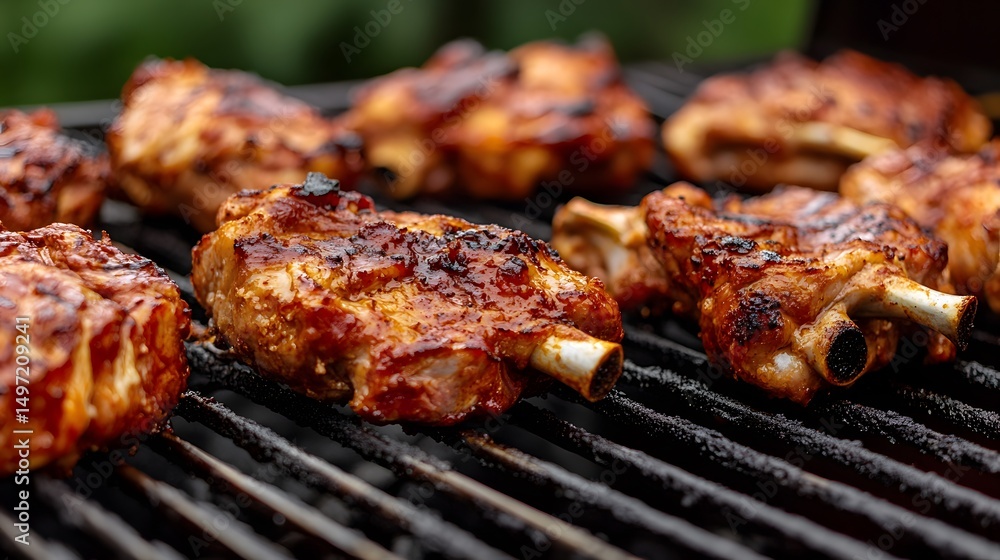 Delicious Grilled BBQ Pork Ribs on Grill, Closeup Delicious Grilled BBQ Pork Ribs on Grill, Closeup