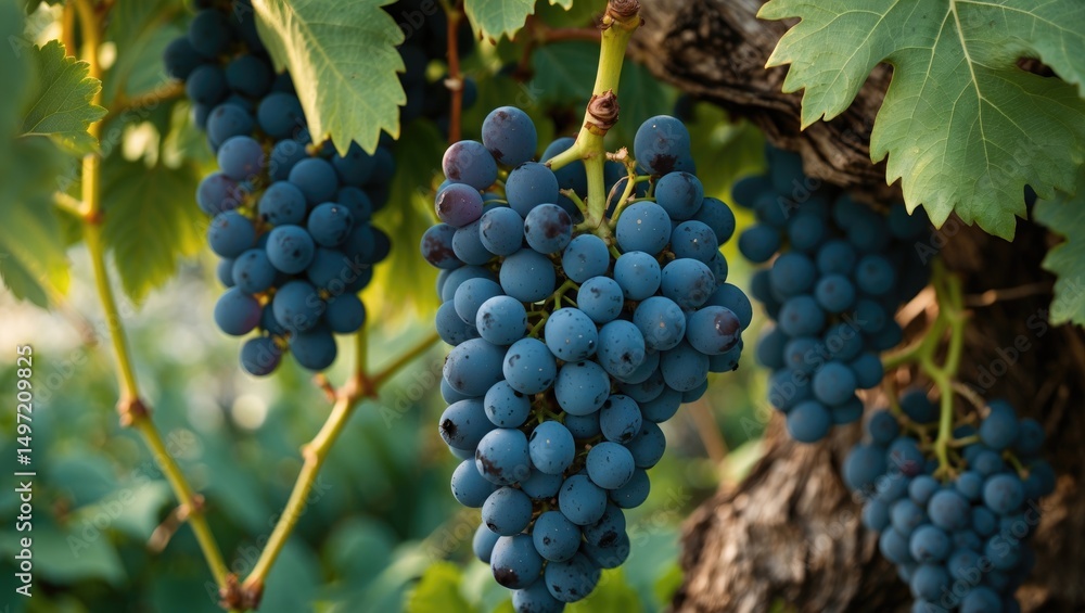 custom made wallpaper toronto digitalClusters of ripe blue grapes hanging from a vine with green leaves and a rough textured trunk.
