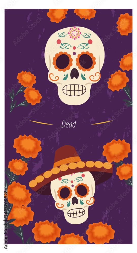 Colorful Day of the Dead Illustrations with Sugar Skulls, Marigolds, and Candles-03 Colorful Day of the Dead Illustrations with Sugar Skulls, Marigolds, and Candles-03