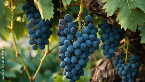 Wallpaper Mural Clusters of ripe blue grapes hanging from a vine with green leaves and a rough textured trunk. Torontodigital.ca