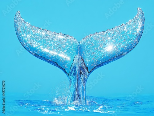 A close-up of a whale tail fluke above water, set against a blue background
