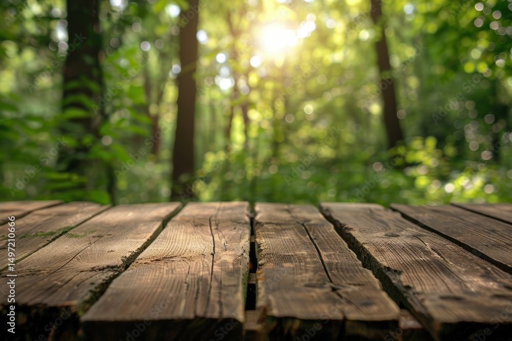 Fototapeta premium view of an empty wooden table is set against soft, blurred background of vibrant greenery sunlight, peaceful natural setting creates serene atmosphere, ideal for relaxing outdoor