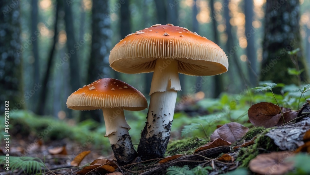 Fototapeta premium Two mushrooms growing in a forest setting with trees and leaves.