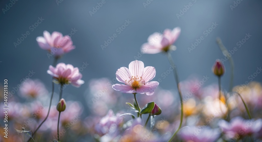 Obraz premium Pink flowers in bloom with a blurred background. Nature and floral scene. Beauty of flowers in springtime. Soft colors and delicate petals.