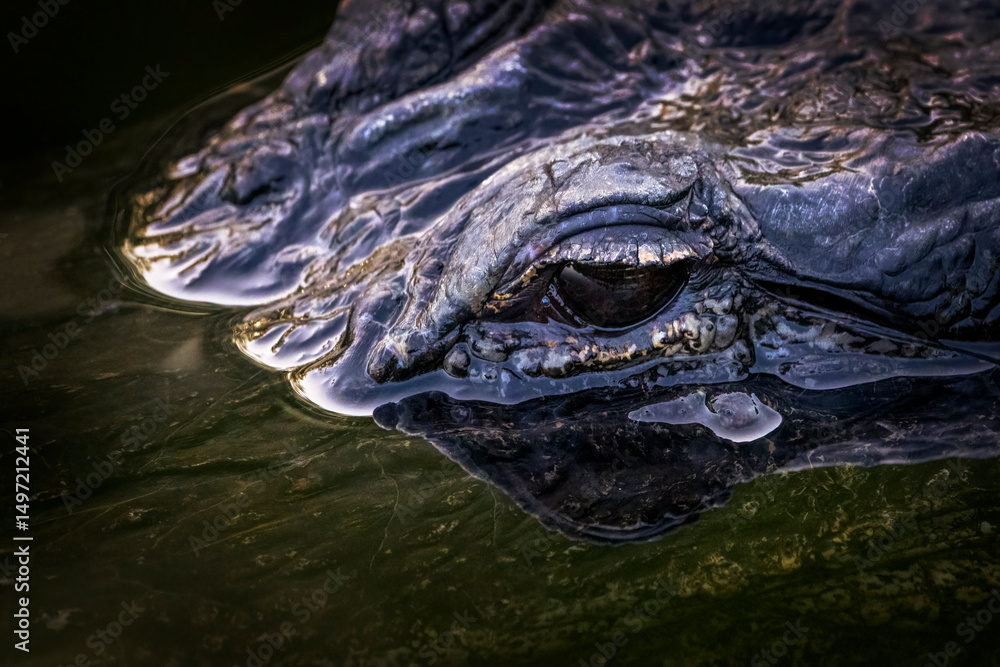 Fototapeta premium American alligator (Alligator mississippiensis) hiding in dark water, Big Cypress national reserve, Florida, United States.
