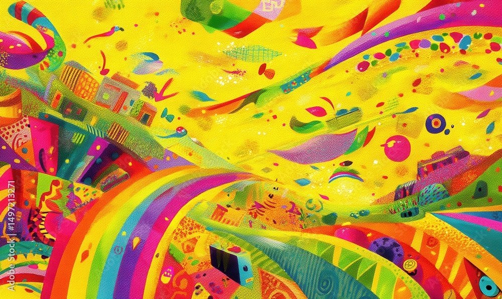 Fototapeta premium Abstrakte, bunte Wirbel und Formen in Gelb, Regenbogenfarben und leuchtenden Tönen