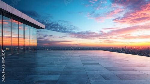 City rooftop terrace at sunset with modern building, panoramic view, empty space for advertising