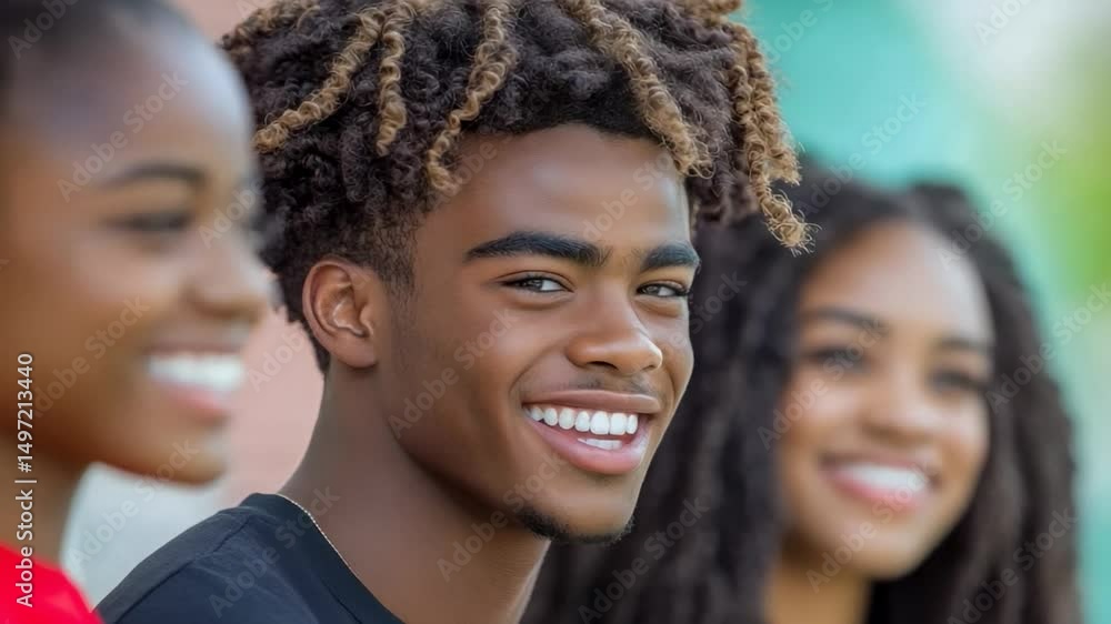 Smiling young African American friends enjoying a sunny day youthful energy camaraderie focus on friendship Smiling young African American friends enjoying a sunny day youthful energy camaraderie focus on friendship