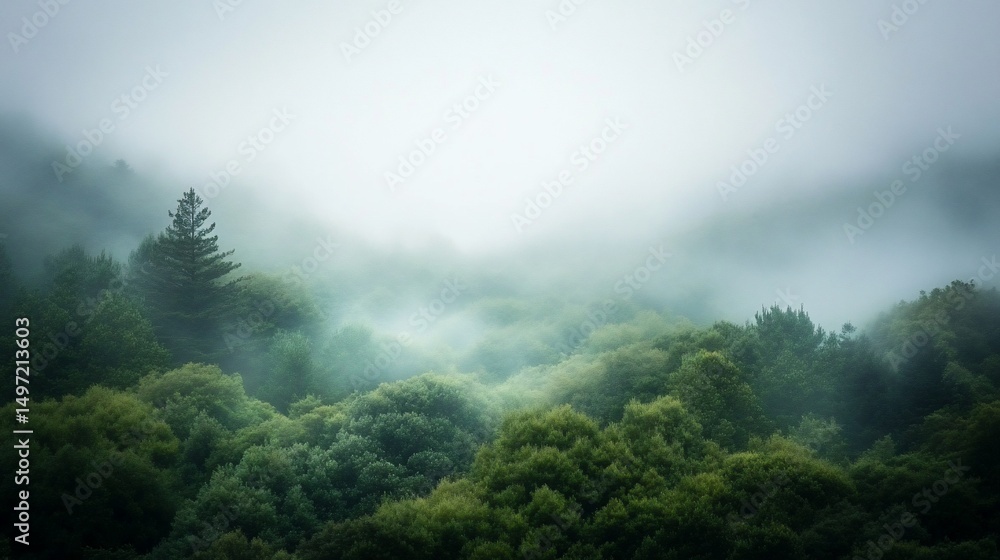 Misty forest landscape with lush green trees and fog covering hills. Misty forest landscape with lush green trees and fog covering hills.