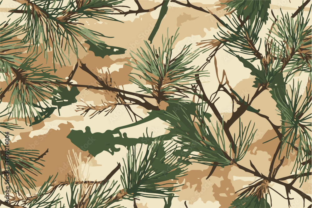 A camouflage pattern with pine branches and grasses, in shades of brown, green, beige, and white.A realistic photo of a camouflage pattern with brown leaves and green pine branches, high resolution