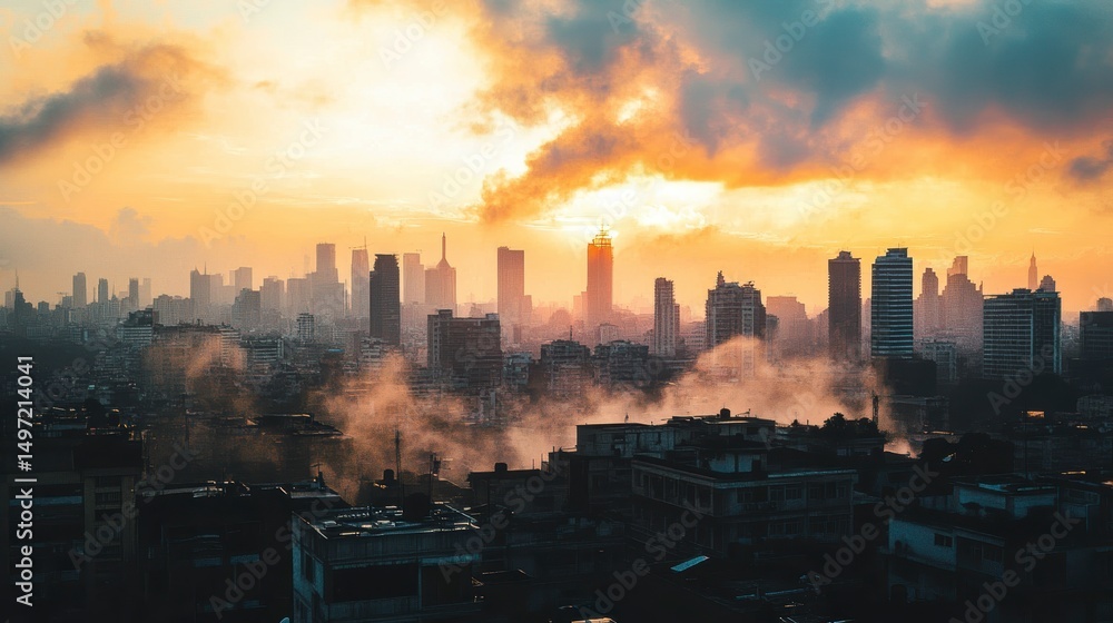 Obraz premium City Skyline Sunset Foggy Aerial View; Stock Photo