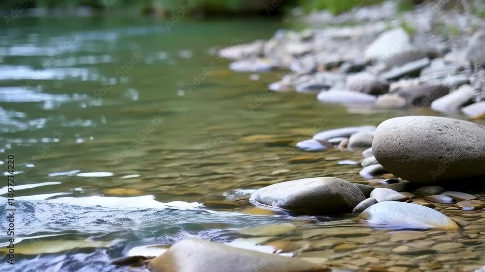 Calm river flowing through rocks and pebbles, shallow water with ripples and reflections on a summer day, nature scene of peaceful stream. Calm river flowing through rocks and pebbles, shallow water with ripples and reflections on a summer day, nature scene of peaceful stream.