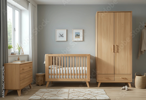 Modern wooden baby room, crib between cabinet and wall.