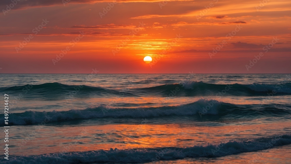 Fototapeta premium Sunset over the ocean with waves, vibrant orange sky, peaceful scene, natural beauty, and calming atmosphere.