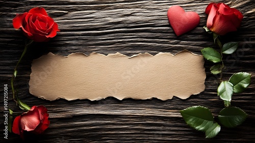 Romantic Valentine's Day Roses Wooden Background with Note