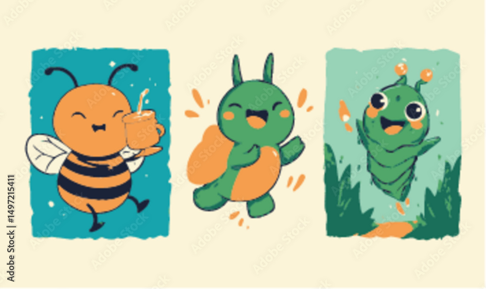 Fototapeta premium Charming Cartoon Characters of Bee, Caterpillar, and Turtle for Kids