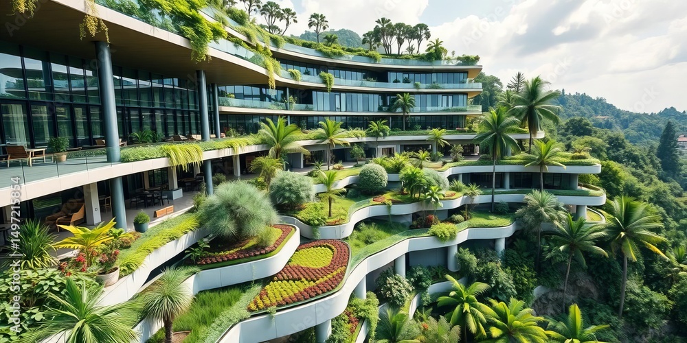 Obraz premium Modern building seamlessly integrated with terraced gardens and lush greenery, showcasing sustainable architecture, building, foliage