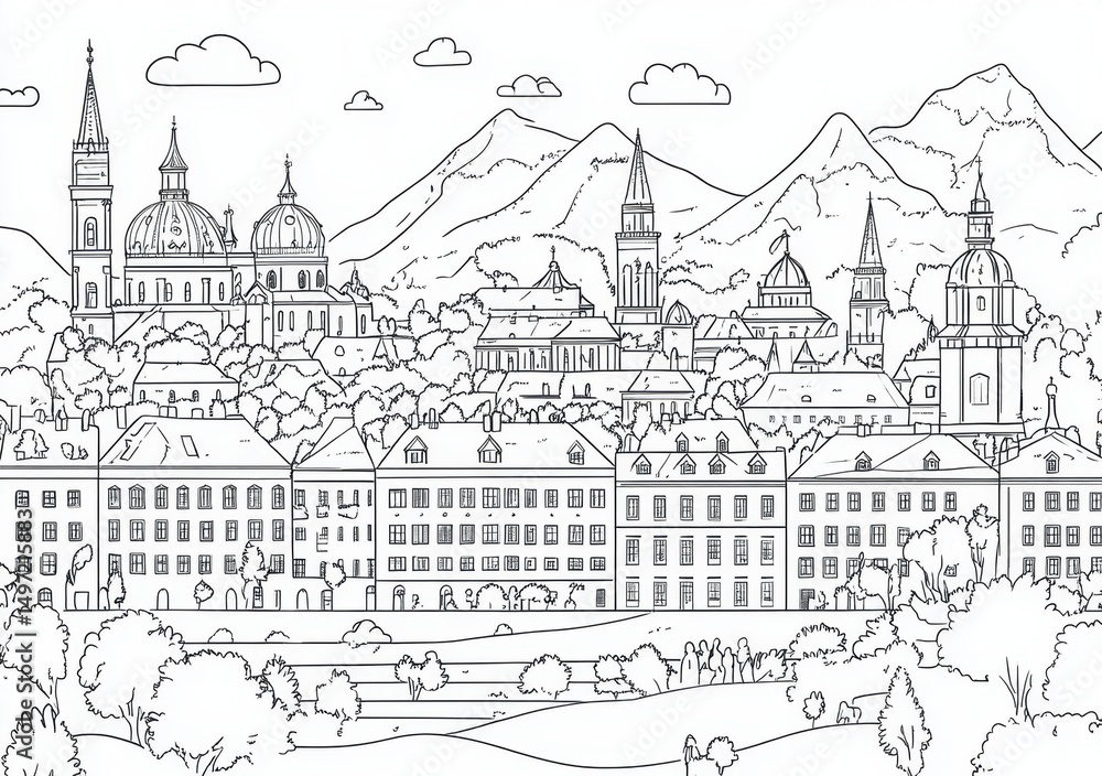 Obraz premium Zeichnung einer malerischen Stadtlandschaft mit Bergen im Hintergrund