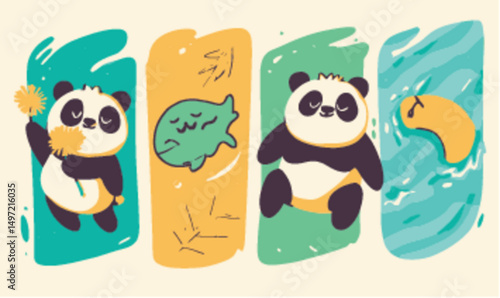 Cute Panda Characters with Dandelions, Fish, and Mango in Vector Art