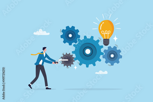 System development, innovation to get idea, solution or improvement, efficiency, effort or working progress, automation concept, businessman turning cogwheel to help system get new lightbulb idea.